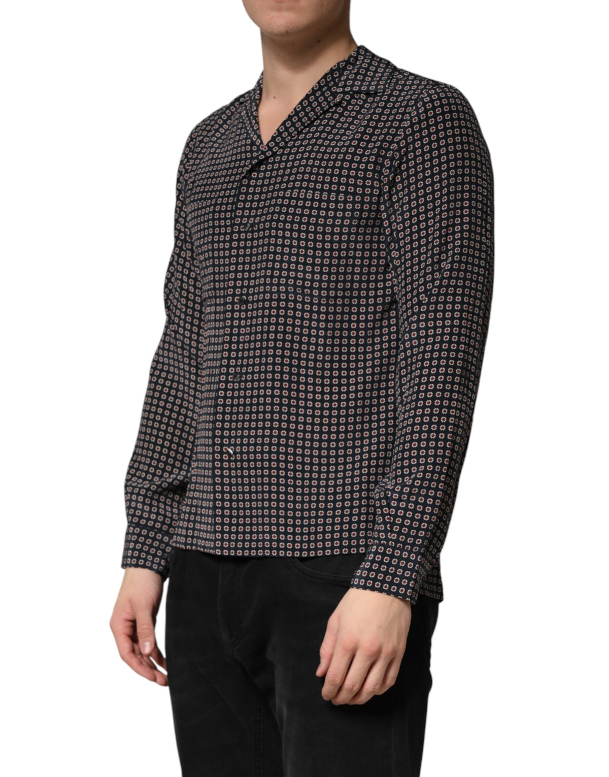 Dolce & Gabbana Crisp Men's Slim Long-Sleeve Silk T-Shirt - Black Patterned