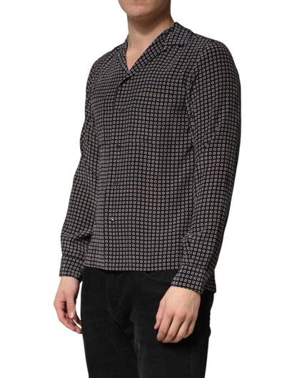 Dolce & Gabbana Crisp Men's Slim Long-Sleeve Silk T-Shirt - Black Patterned