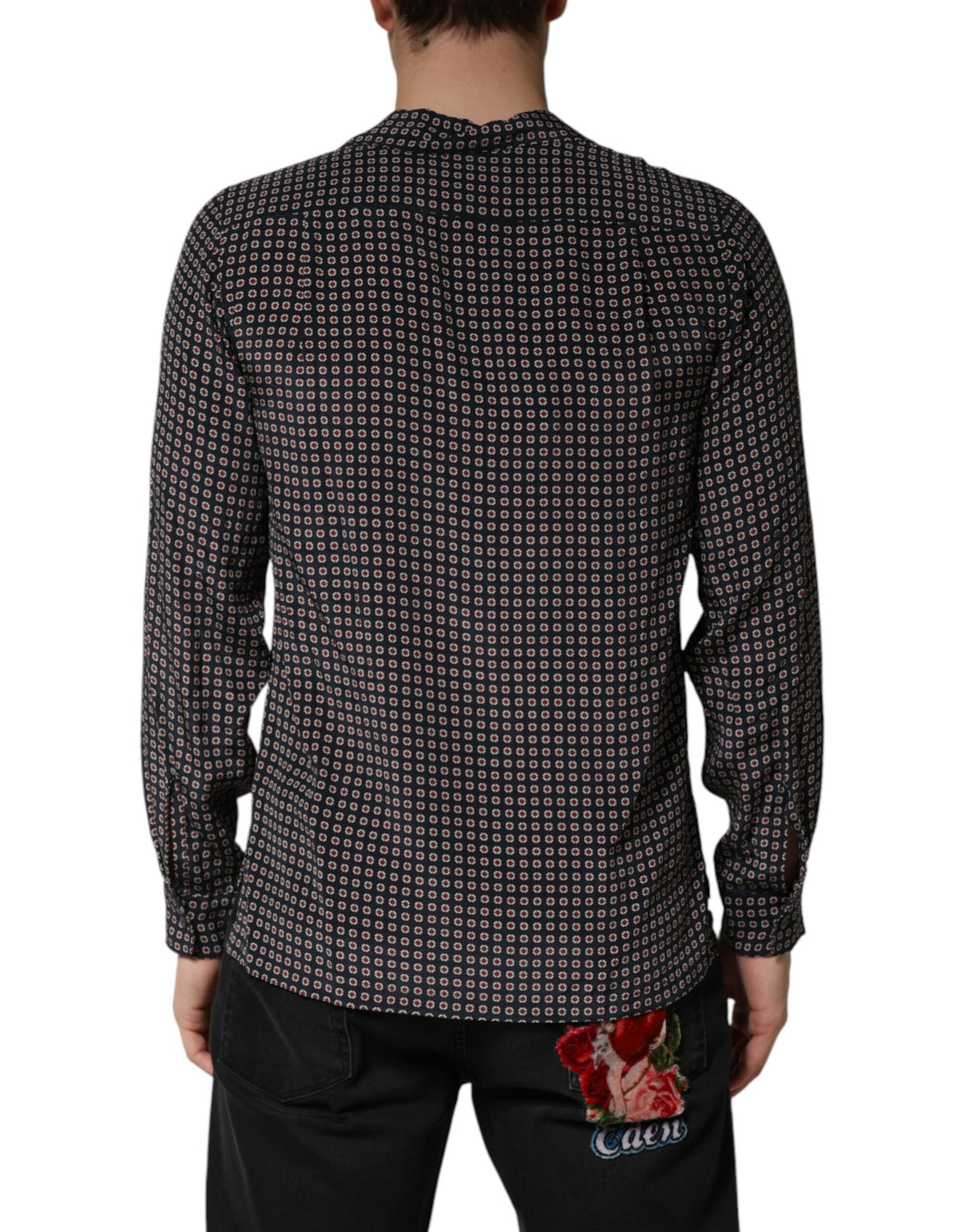 Dolce & Gabbana Crisp Men's Slim Long-Sleeve Silk T-Shirt - Black Patterned