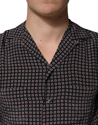 Dolce & Gabbana Crisp Men's Slim Long-Sleeve Silk T-Shirt - Black Patterned