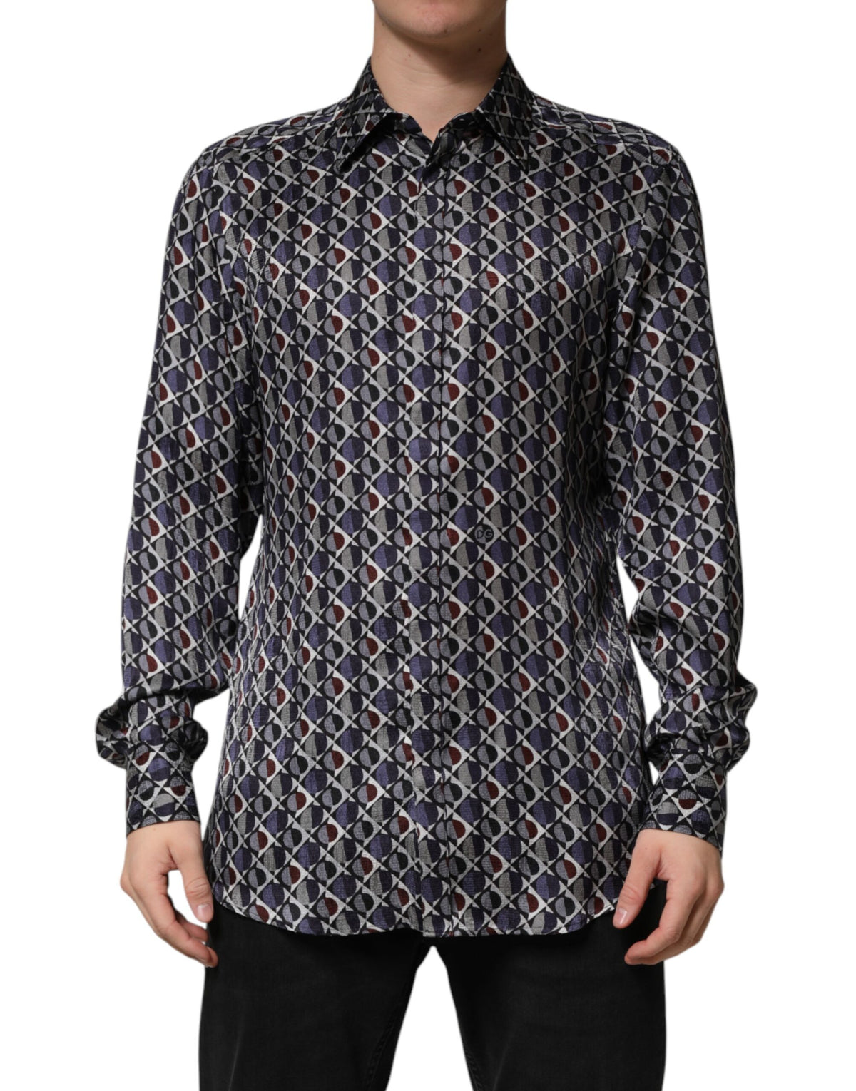 Dolce & Gabbana 501 Crisp Men's Slim Long-Sleeve Silk Dress Shirt - Gold Multicolor Patterned
