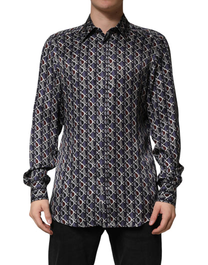 Dolce & Gabbana 501 Crisp Men's Slim Long-Sleeve Silk Dress Shirt - Gold Multicolor Patterned