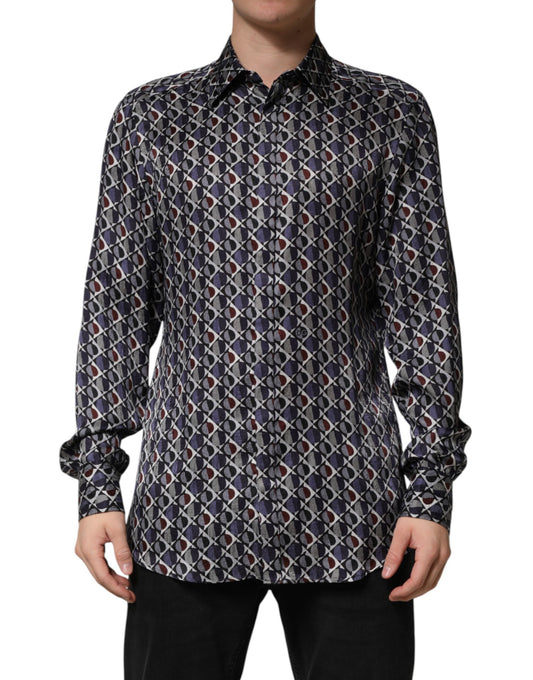 Dolce & Gabbana 501 Crisp Men's Slim Long-Sleeve Silk Dress Shirt - Gold Multicolor Patterned