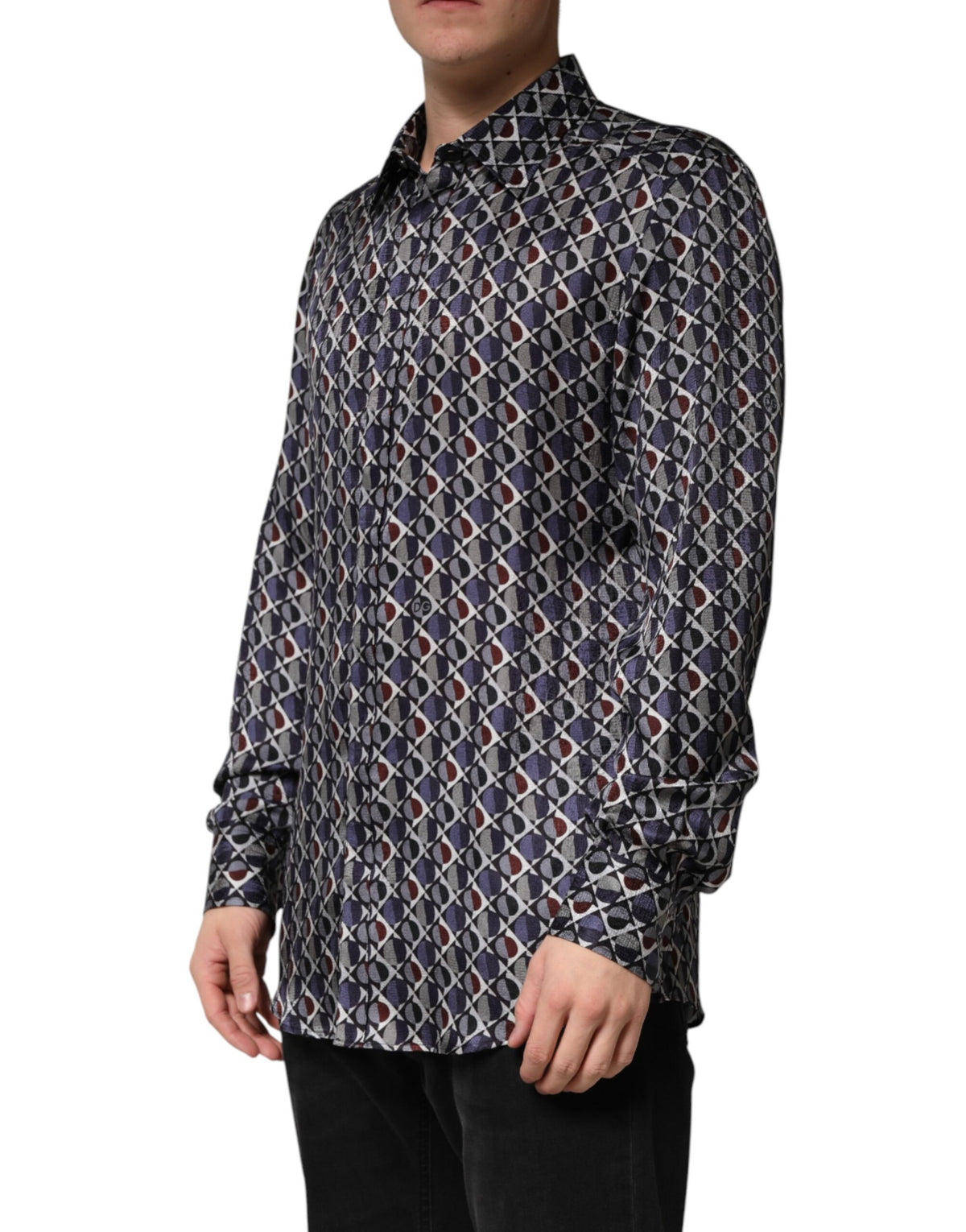 Dolce & Gabbana 501 Crisp Men's Slim Long-Sleeve Silk Dress Shirt - Gold Multicolor Patterned