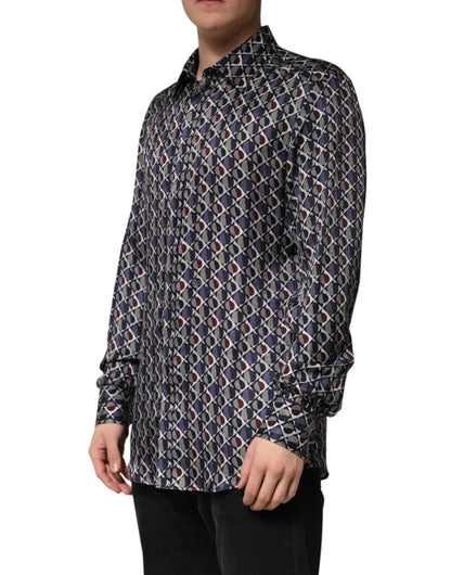Dolce & Gabbana 501 Crisp Men's Slim Long-Sleeve Silk Dress Shirt - Gold Multicolor Patterned