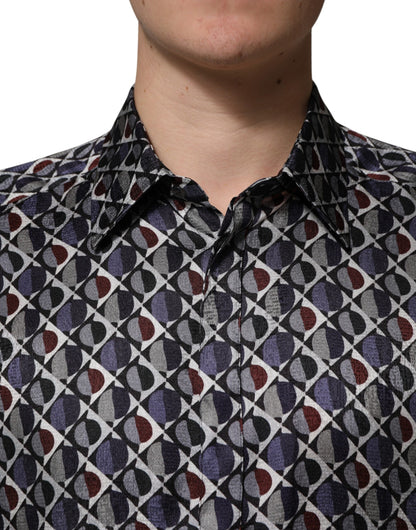 Dolce & Gabbana 501 Crisp Men's Slim Long-Sleeve Silk Dress Shirt - Gold Multicolor Patterned