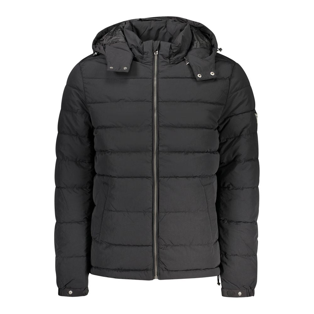 Hooded Overcoat by Guess Jeans for men in polyamide cotton black & white features an satoral silhouette, showcasing a sophisticated hooded neckline and satoral pockets & hooded for a premium, timeless look.