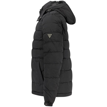 Hooded Overcoat by Guess Jeans for men in polyamide cotton black & white features an voluminous silhouette, showcasing distinct pockets & hooded and a voluminous for a truly voluminous aesthetic.