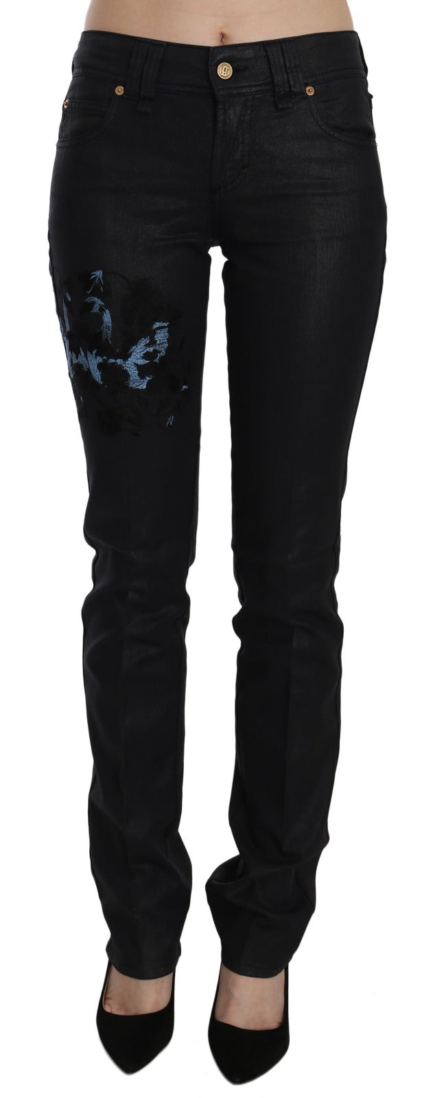 John Galliano Women's Skinny Mid Rise Stretch Denim Cotton Jeans - Black Floral