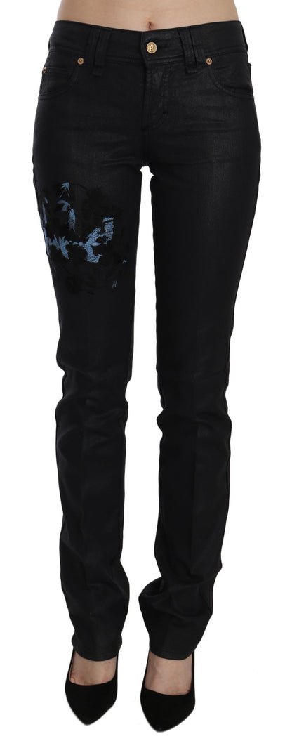 John Galliano Women's Skinny Mid Rise Stretch Denim Cotton Jeans - Black Floral