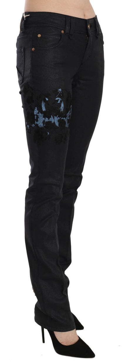 John Galliano Women's Skinny Mid Rise Stretch Denim Cotton Jeans - Black Floral