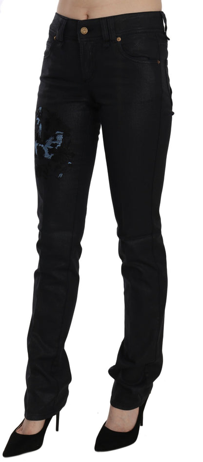 John Galliano Women's Skinny Mid Rise Stretch Denim Cotton Jeans - Black Floral