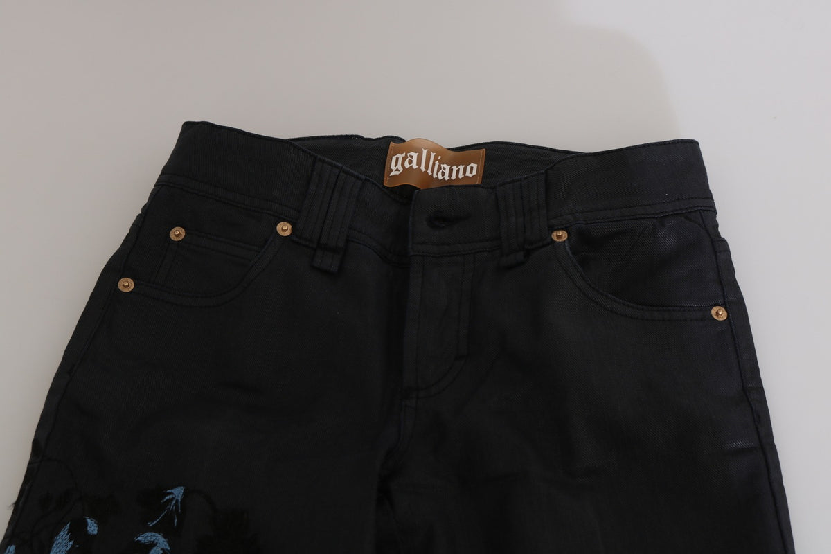 John Galliano Women's Skinny Mid Rise Stretch Denim Cotton Jeans - Black Floral