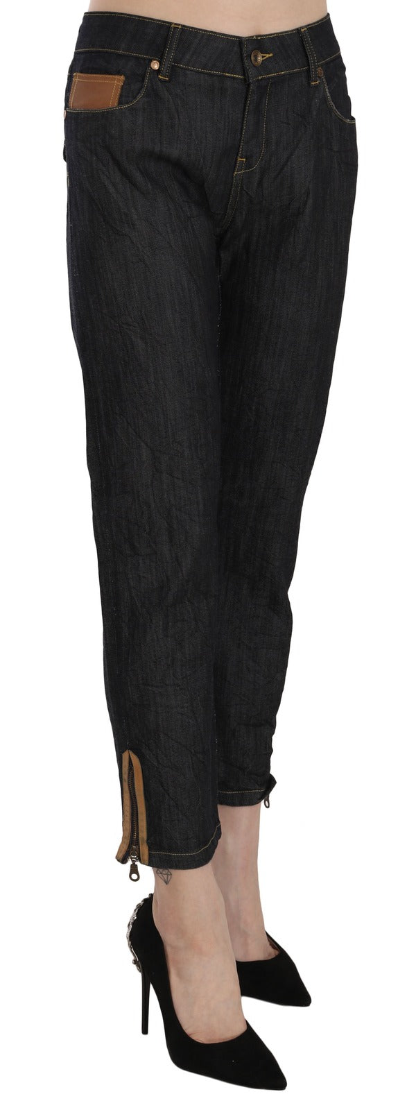 PLEIN SUD Women's Straight Cropped High Rise Stretch Denim Cotton Jeans - Blue