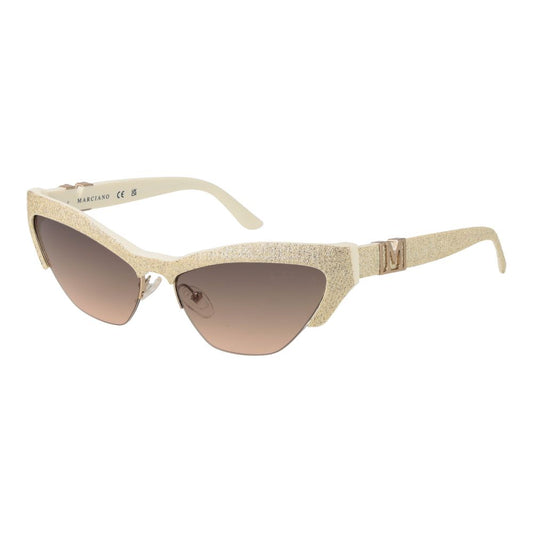This Sunglasses by Marciano by Guess for women in acetate cream presents a sumptuous silhouette, showcasing a sumptuous half-rim cat-eye frame design in cream coloured frame and high-performance gradient category-2-medium-tint lens.