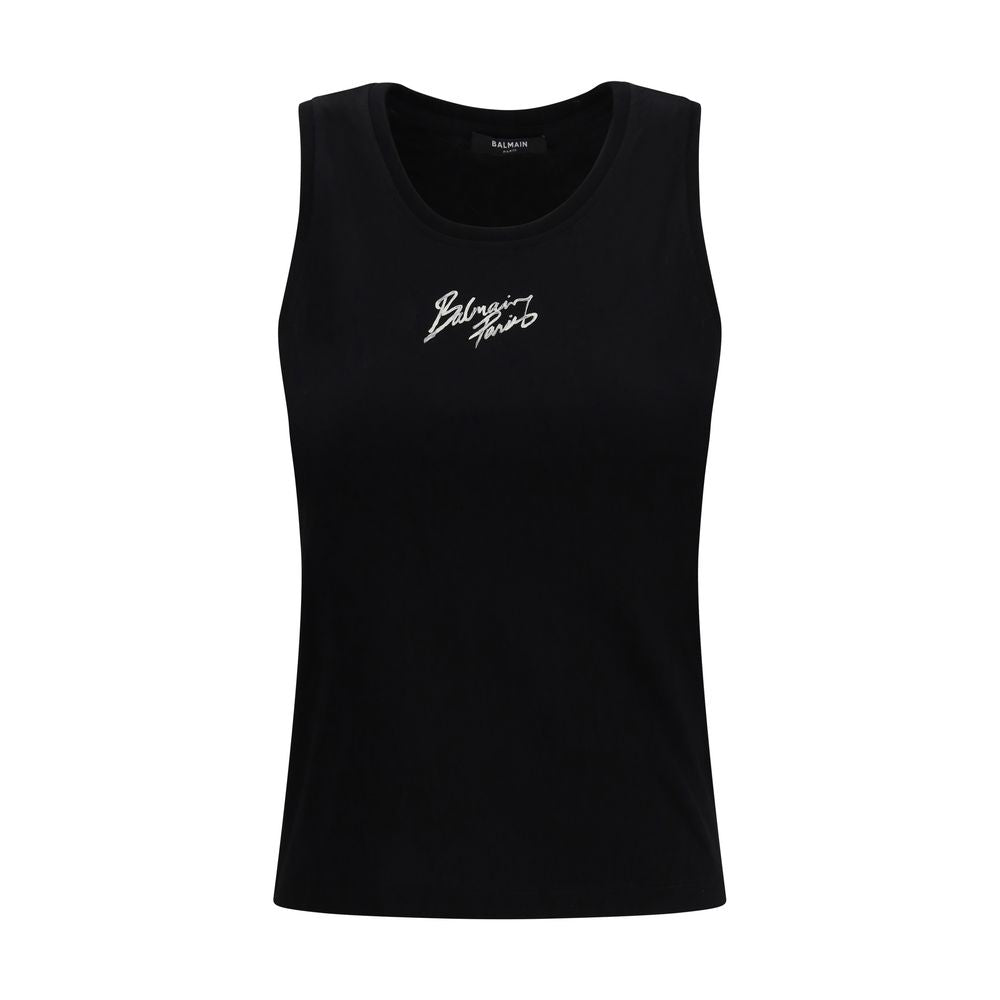 Activewear T-Shirt by Balmain for women in cotton black & print presents a kinetic silhouette, showcasing the kinetic sleeveless and round neckline alongside functional for a premium, athletic look.