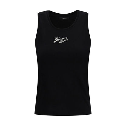 Activewear T-Shirt by Balmain for women in cotton black & print presents a kinetic silhouette, showcasing the kinetic sleeveless and round neckline alongside functional for a premium, athletic look.