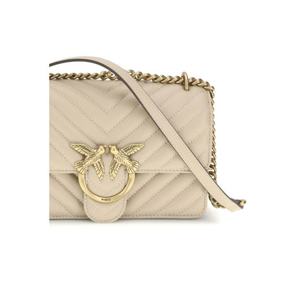 PINKO Love Birds Bos Taurus Calf Leather Mini 2-in-1 Shoulder & Crossbody Quilted Bag - Beige Gold Monogram