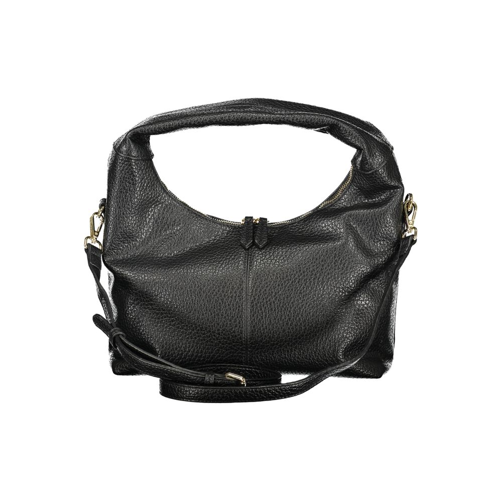 Handbag by Mario Valentino for women in polyurethane black & signature features an refined silhouette, showcasing a secure zipper, ample internal-pockets, and versatile shoulder-strap, adjustable-strap & handle for a sophisticated refined aesthetic.