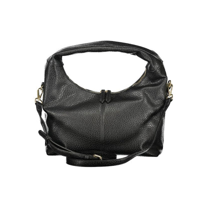 Handbag by Mario Valentino for women in polyurethane black & signature features an refined silhouette, showcasing a secure zipper, ample internal-pockets, and versatile shoulder-strap, adjustable-strap & handle for a sophisticated refined aesthetic.