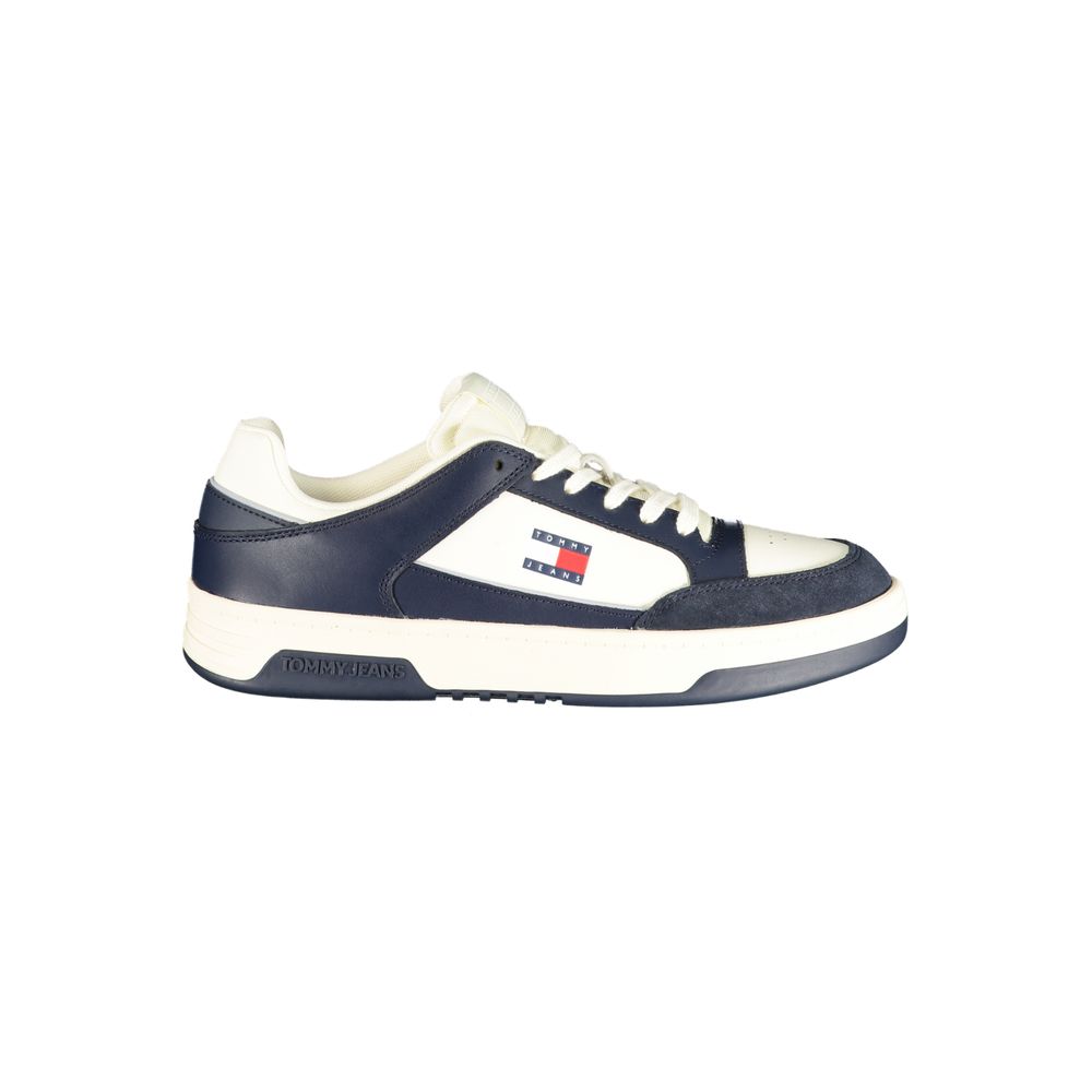 Athletic Sneakers by Tommy Hilfiger for men in polyester polyurethane leather blue & white features an architectural silhouette, showcasing the premium athletic style of the Crisp Men's Athletic Polyester Polyurethane Leather Sneakers with an architectural finish.