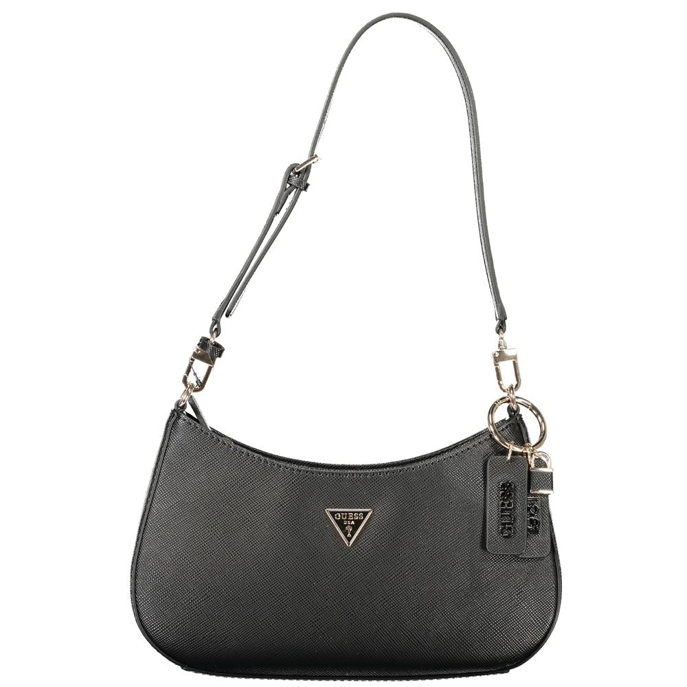 Handbag by Guess Jeans for women in polyethylene black features a ornamental silhouette, showcasing a secure zipper, ample internal-pockets & cardholder, and ornamental shoulder-strap & adjustable-strap for a sophisticated look.