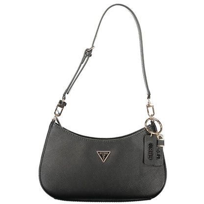 Handbag by Guess Jeans for women in polyethylene black features a ornamental silhouette, showcasing a secure zipper, ample internal-pockets & cardholder, and ornamental shoulder-strap & adjustable-strap for a sophisticated look.