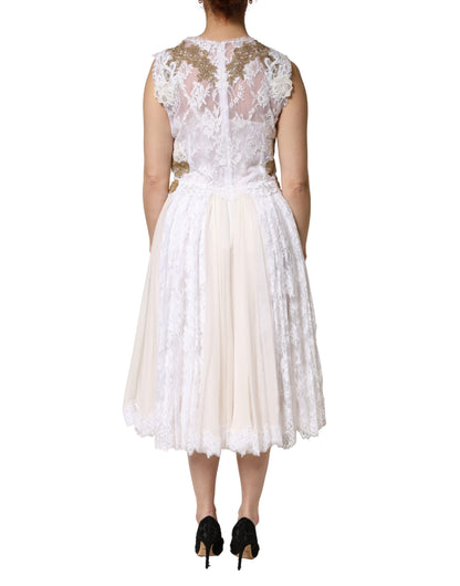 Dolce & Gabbana Heart Women's Cocktail Sleeveless Polyamide Polyester Cotton & Silk Midi Dress - Gold Ivory White Patterned Signature