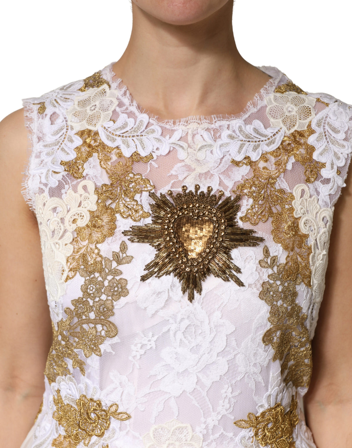 Dolce & Gabbana Heart Women's Cocktail Sleeveless Polyamide Polyester Cotton & Silk Midi Dress - Gold Ivory White Patterned Signature
