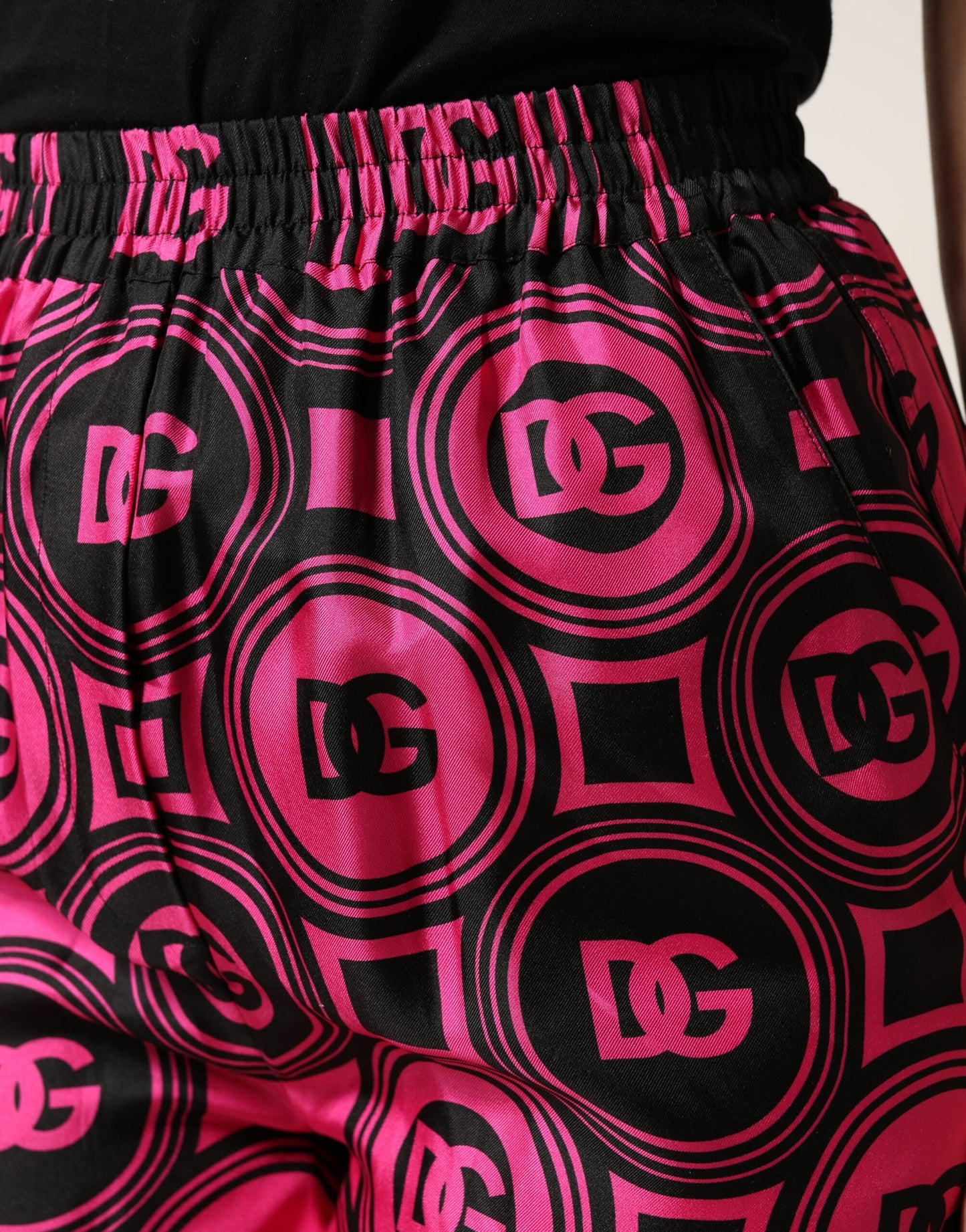 Dolce & Gabbana Black Fuchsia Silk Logo Elastic Waist Shorts