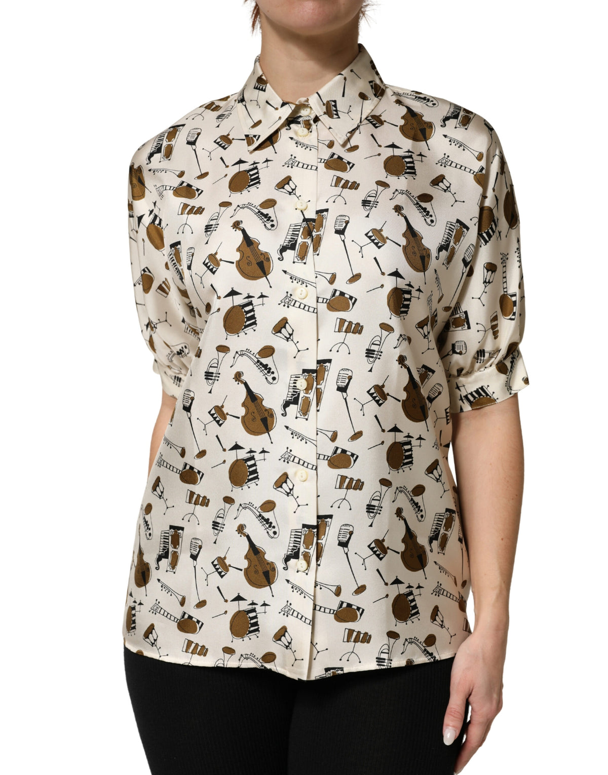 Dolce & Gabbana Women's Short-Sleeve Silk Blouse - Beige Patterned Print