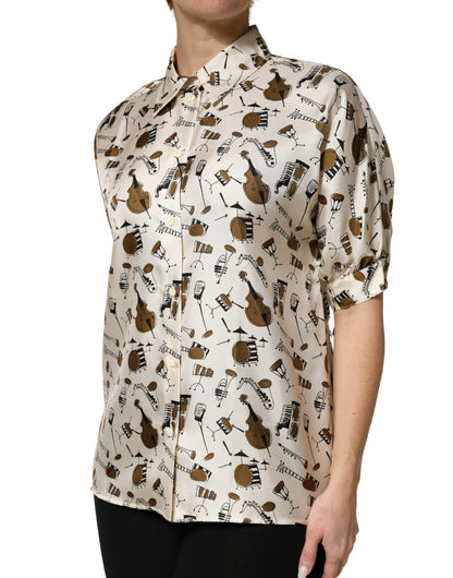 Dolce & Gabbana Women's Short-Sleeve Silk Blouse - Beige Patterned Print