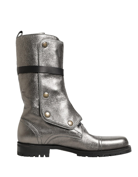 Dolce & Gabbana Men's Calf Leather & Rubber Lace-Up Combat Over-The-Knee Mid-Calf Boots - Gunmetal Silver