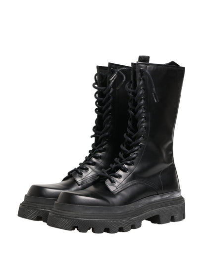 Dolce & Gabbana Black Leather Trek Sole Combat Boots Shoes