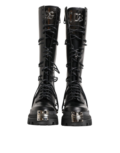 Dolce & Gabbana Black Leather Knee High Combat Boots Shoes