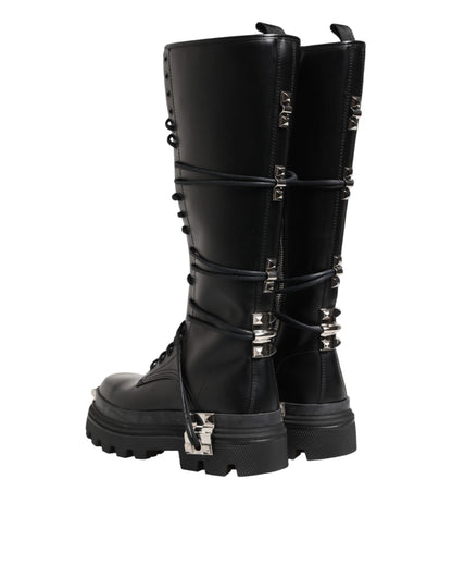 Dolce & Gabbana Black Leather Knee High Combat Boots Shoes