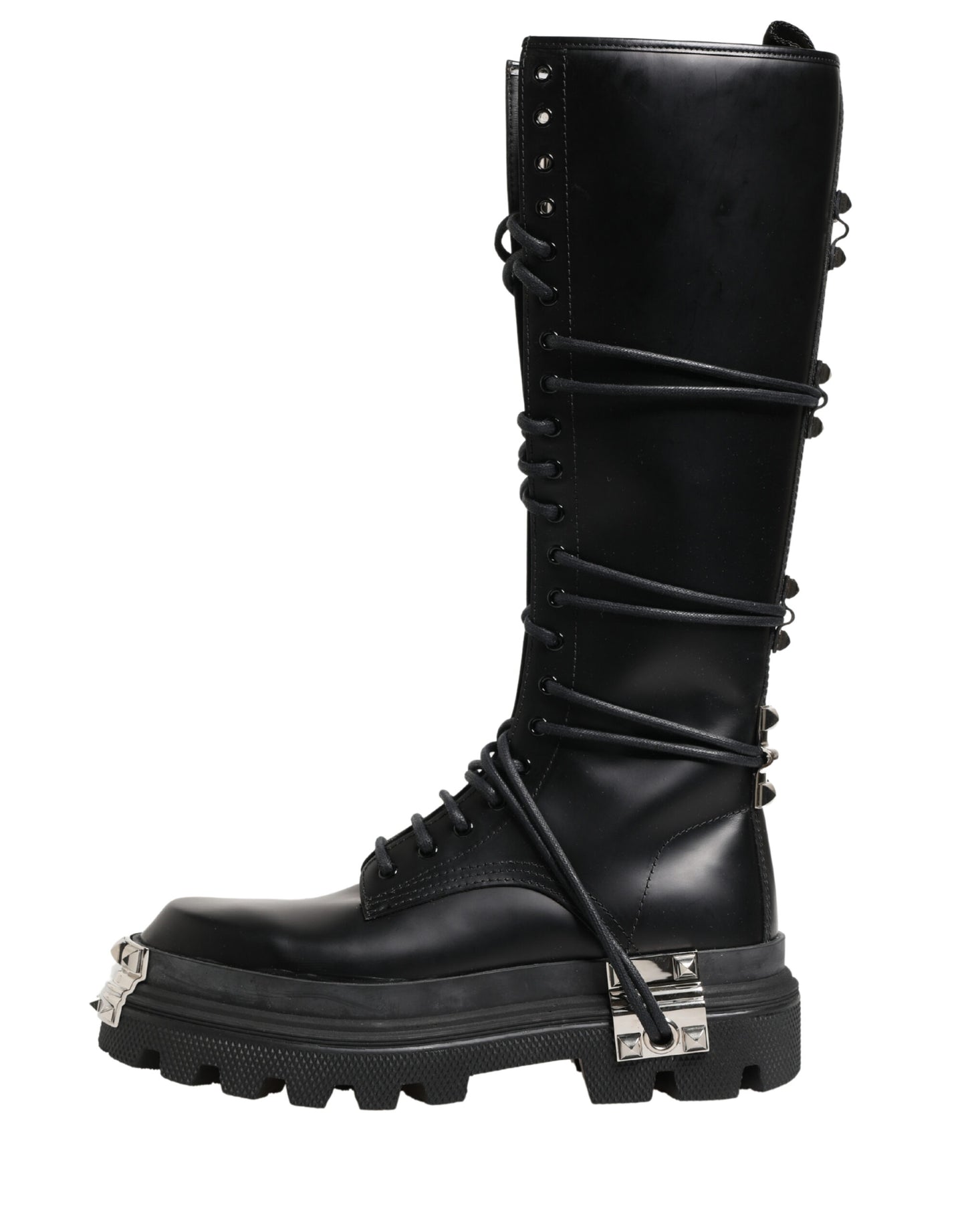 Dolce & Gabbana Black Leather Knee High Combat Boots Shoes