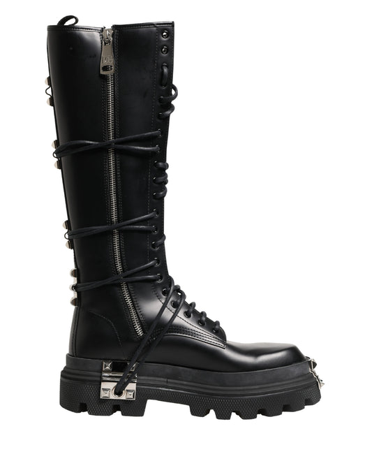 Dolce & Gabbana Men's Leather & Rubber Lace-Up Combat High Knee-High Over-The-Knee Boots - Black Signature