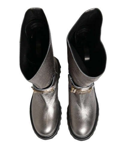 Dolce & Gabbana Men's Calf Leather Metal & Rubber Ankle Over-The-Knee Mid-Calf Boots - Silver Signature