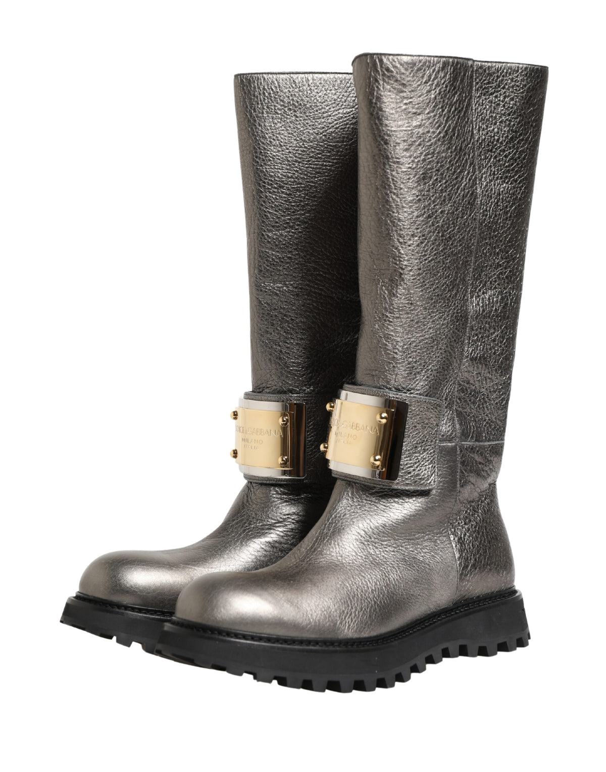 Dolce & Gabbana Men's Calf Leather Metal & Rubber Ankle Over-The-Knee Mid-Calf Boots - Silver Signature