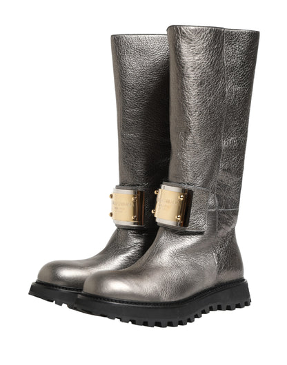 Dolce & Gabbana Men's Calf Leather Metal & Rubber Ankle Over-The-Knee Mid-Calf Boots - Silver Signature