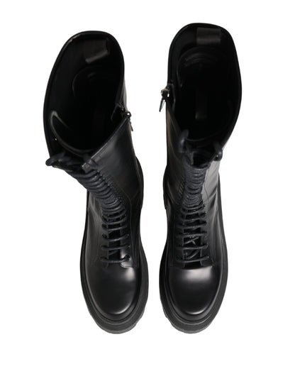 Dolce & Gabbana Black Leather Knee High Lace Up Boots Shoes