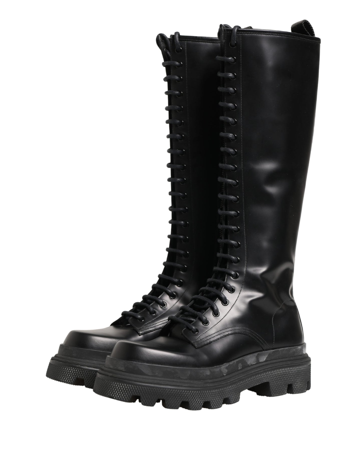Dolce & Gabbana Black Leather Knee High Lace Up Boots Shoes