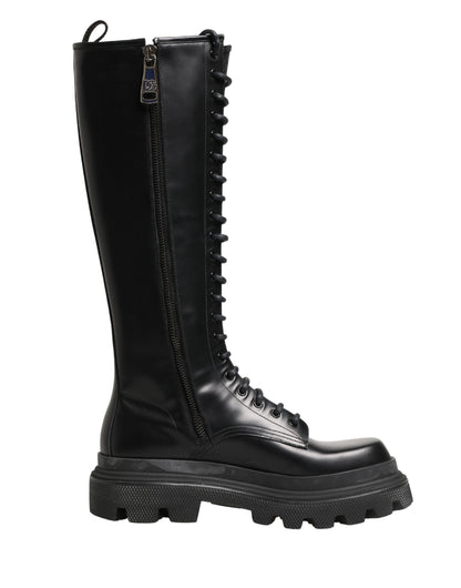 Dolce & Gabbana Black Leather Knee High Lace Up Boots Shoes