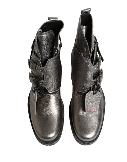 Dolce & Gabbana Metallic Silver Leather Buckle Ankle Boots Shoes