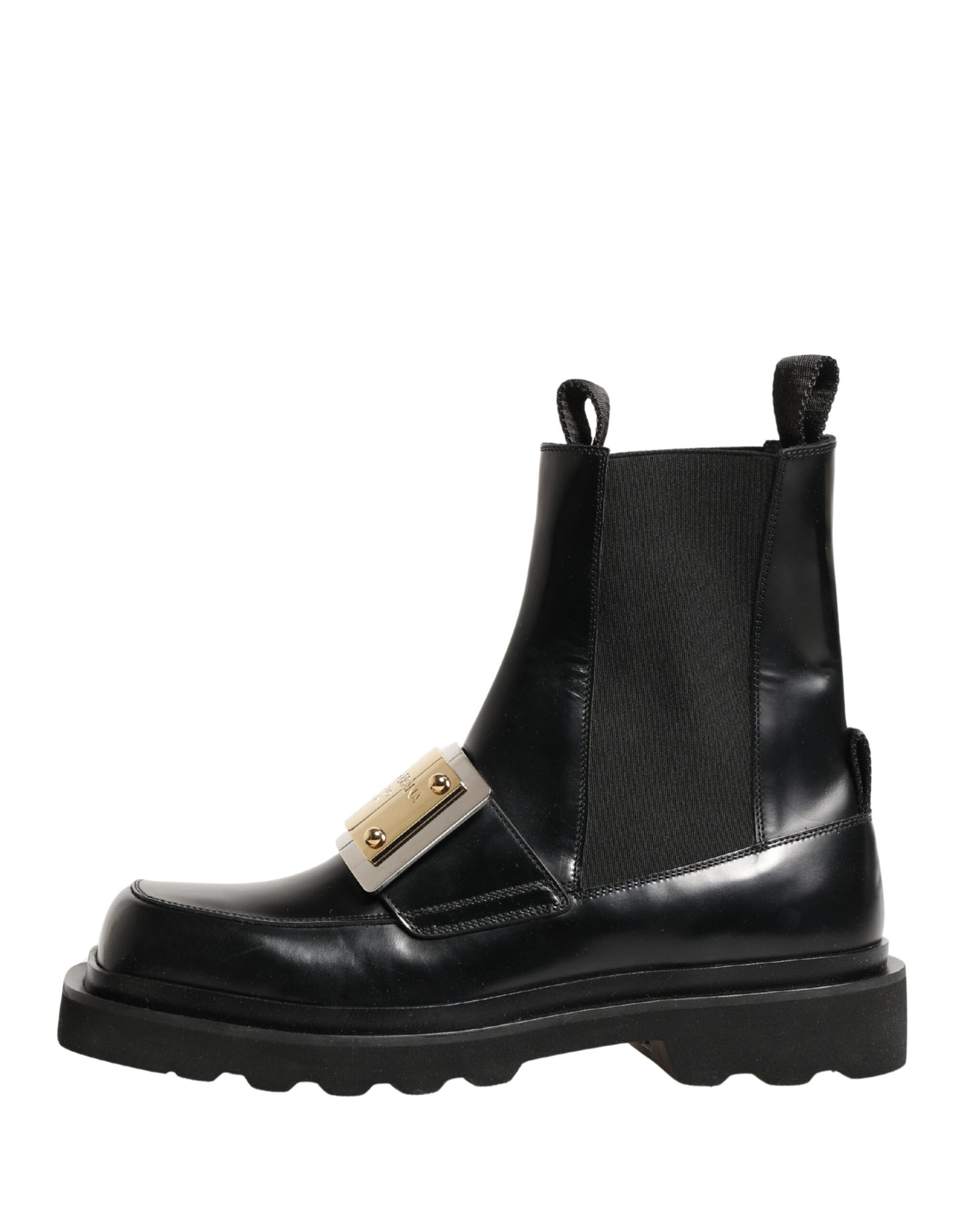 Dolce & Gabbana Black Leather Logo Plaque Ankle Boots Shoes