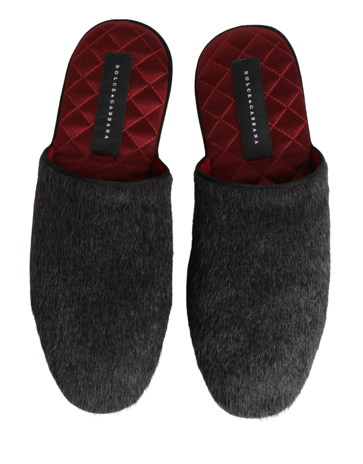 Dolce & Gabbana Men's Calf Leather Satin & Alpaca Wool Flat Slip-On Slider Shoes - Charcoal Dark Gray Red