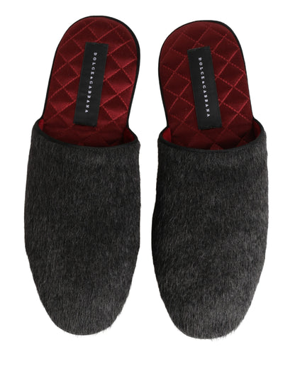 Dolce & Gabbana Men's Calf Leather Satin & Alpaca Wool Flat Slip-On Slider Shoes - Charcoal Dark Gray Red