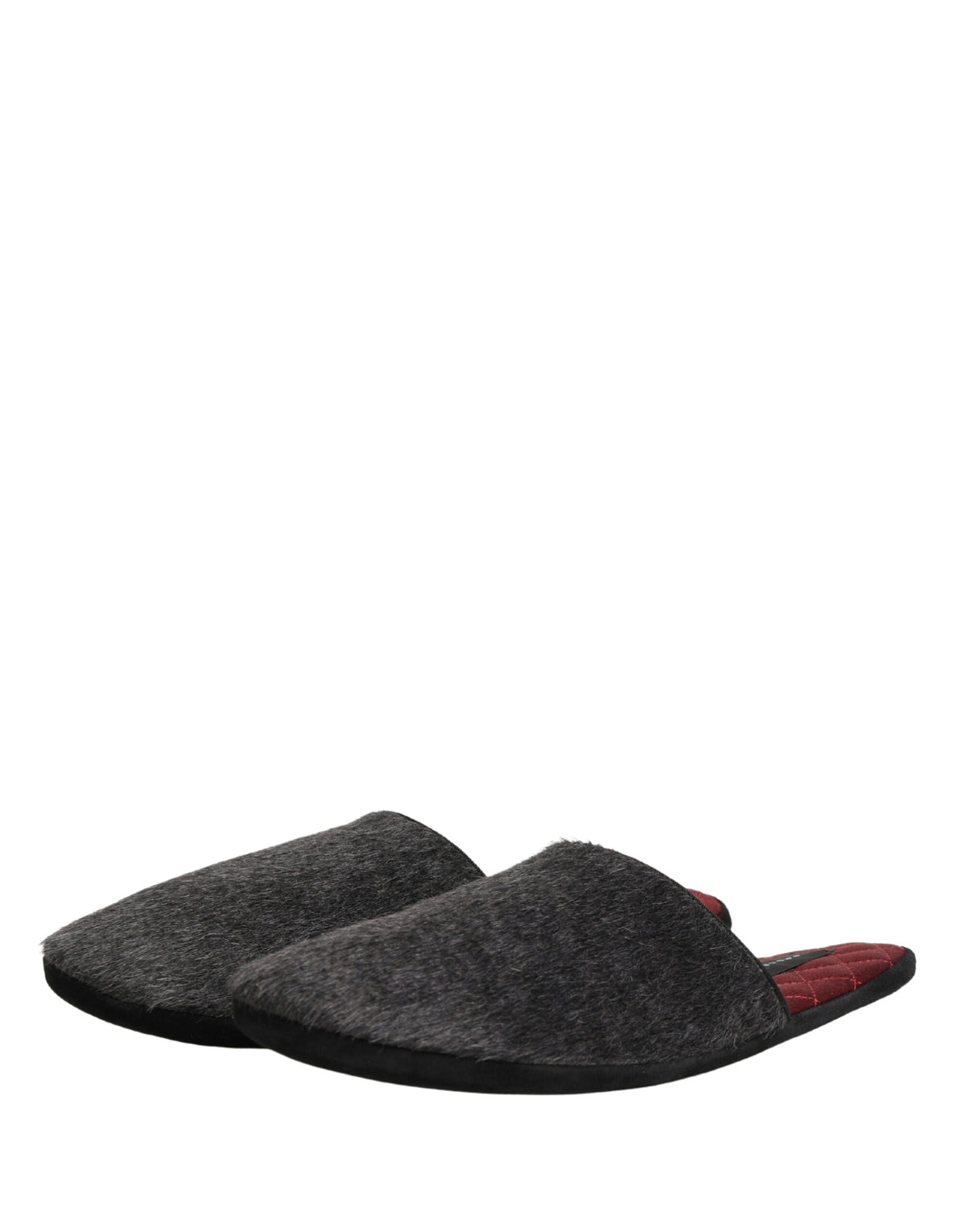 Dolce & Gabbana Men's Calf Leather Satin & Alpaca Wool Flat Slip-On Slider Shoes - Charcoal Dark Gray Red