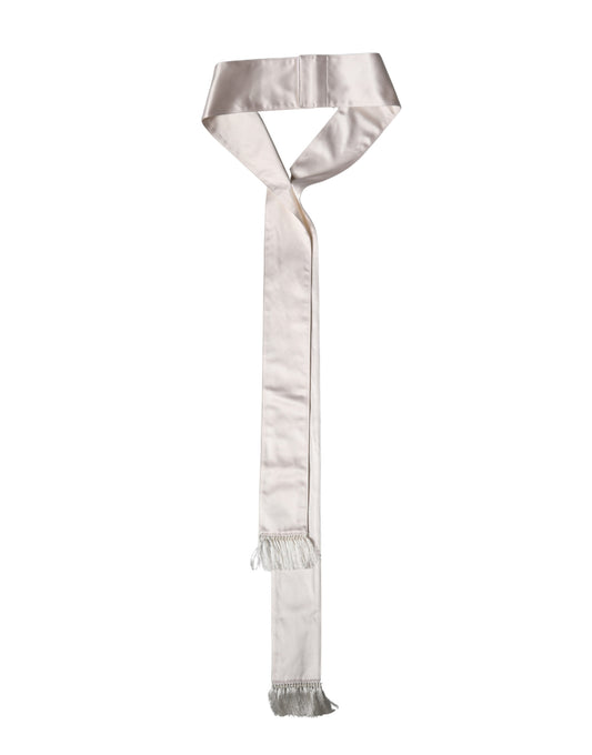 Dolce & Gabbana White Silk Satin Fringes Foulard 282cm x 10cm Men Scarf